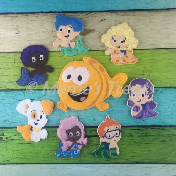 Set of 7 Finger Puppets and tacher - Inspired by Mermaid Bubble and Puppy Fish show