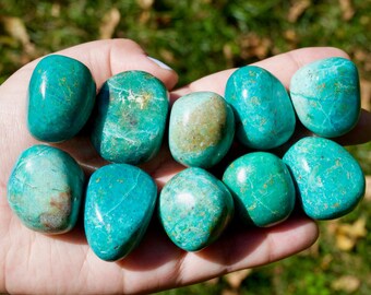 Könnte beinhalten: Eine Hand hält eine Sammlung polierter Chrysokoll-Steine. Die Steine haben eine leuchtende türkise Farbe mit braunen und grünen Bereichen. Die Steine sind glatt und oval geformt, mit glänzendem Finish.