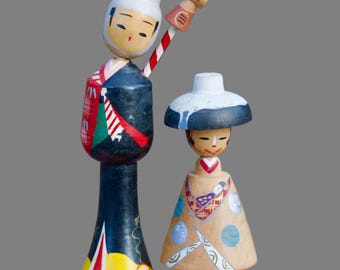 Couple de poupées Kokeshi à tête flottante | Couple de poupées Kokeshi en bois japonaises vintage des années 1960