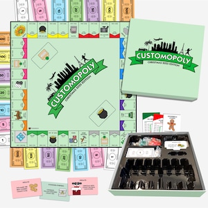 May include: A complete board game set, featuring a light green box and game board with the text "CUSTOMOPOLY CHRISTMAS 2025 EDITION". Includes play money, game pieces, and cards. The board features city skylines and holiday-themed illustrations.