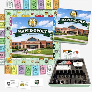 May include: A board game called "Maple-Opoly 3rd Grade Edition" with a school building and a green and white logo. The game includes play money, cards, and game pieces. The box and board display the school's name.