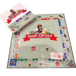 May include: A board game titled Simp-Opoly featuring a cartoon dog wearing a fire helmet in the center. The game includes a square board with colorful property spaces, a box with the same branding, and a Firehouse Fund card with text.