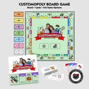 May include: A custom board game set titled CUSTOMOPOLY ANNIVERSARY EDITION featuring a game board with a light green center, colorful property spaces, paper money in denominations of 1, 5, 10, 20, 50, 100, and 500, game cards, and a square game box.