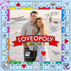 May include: A custom board game titled LOVEOPOLY Wedding Edition featuring a central photograph of a couple on a beach. The game board border includes various wedding-themed icons, text spaces, and handwritten congratulatory messages.