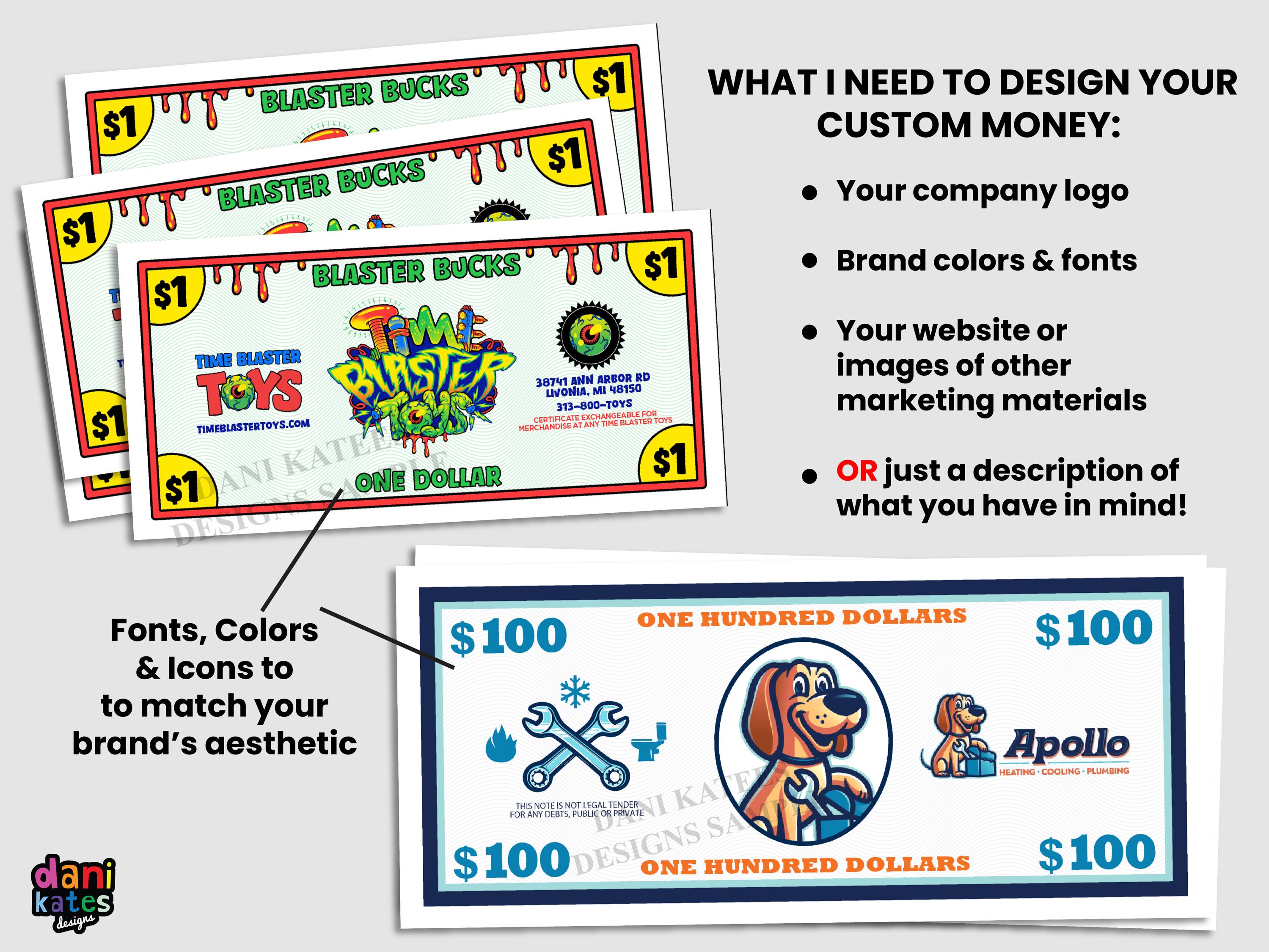 Custom Play Money Example Custom Play Money With Your Logo – Personalized Business Coupons ...
