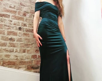 Emerald Grün Abend Schwarze Krawatte Hollywood Glamour schulterfreies Kleid mit Beinschlitz Maßanfertigung Roter Teppich Vintage style Weihnachten