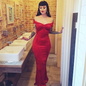 Crushed Red Velvet Floor Length Off The Shoulder Made to Measure Hollywood Glamour Christmas Evening Gown