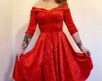 Full Swing Rot Off the Shoulder Kleid Tellerrock roter Samt Maßanfertigung 1940er Jahre Rockabilly Fett Pin Up Vintage Style Kleid