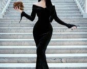 Morticia Addams inspired long sleeve off-the-shoulder floor length evening gown costume Black crushed Velvet made to Measure 1950s dress