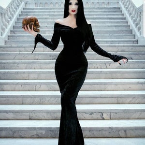 Morticia Addams inspired long sleeve off-the-shoulder floor length evening gown costume Black crushed Velvet made to Measure 1950s dress