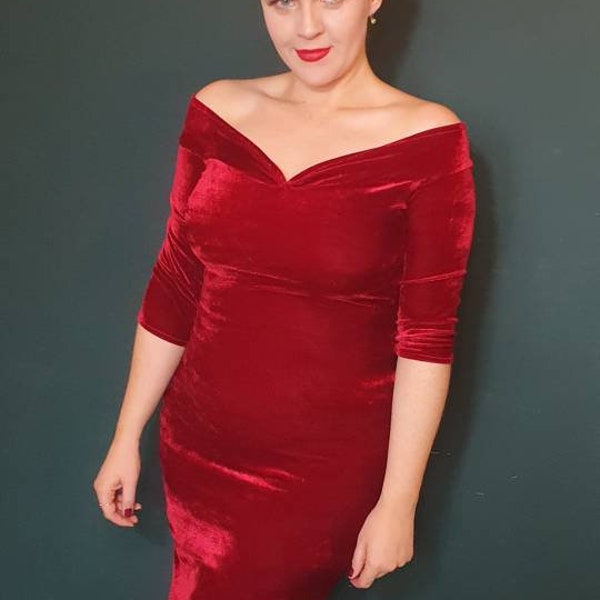 Red pin up wiggle dress pencil christmas dress 1950s velvet rockabilly long sleeved off the shoulder vintage glamour marilyn monroe