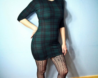 Flaschen Grün und Schwarz Keltische Tartan Bodycon Mini Kleid. Verschiedene Größen.