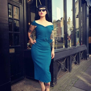 Debby Teal Blue Ribbed Off the Shoulder Wiggle Pin Up Rockabilly Made To Measure Dress 1950&#39;s Style