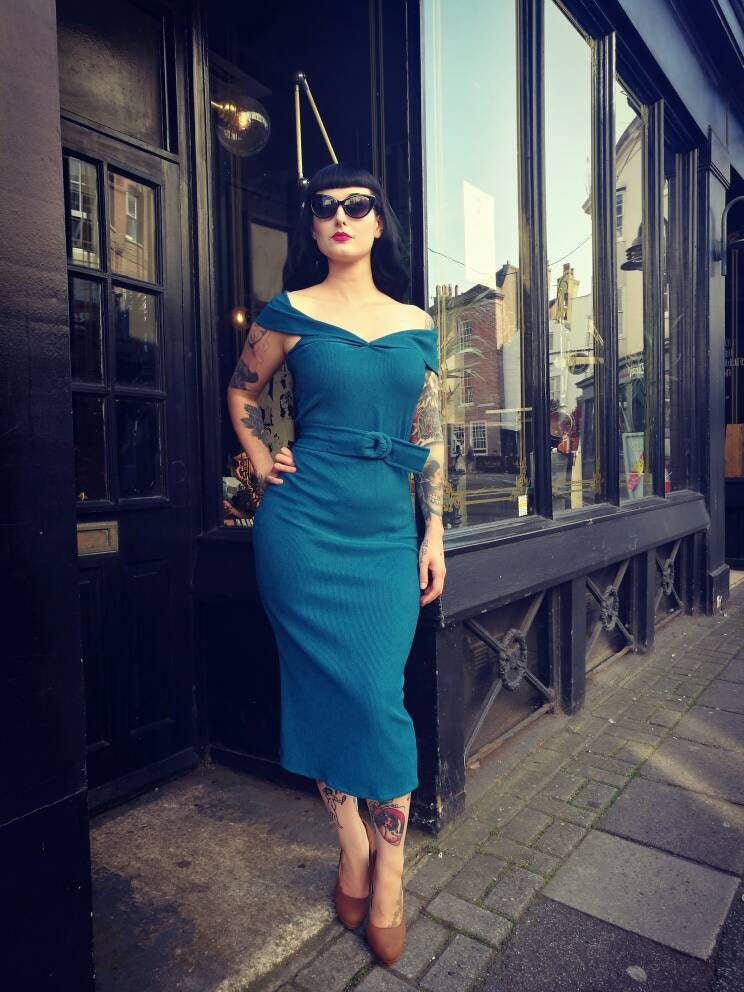 blue pin up dress Navy Vintage-Inspired Halter Swing Dress