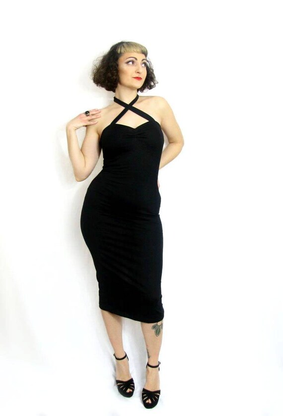 Black Stretch Jersey Halter or Cross Strap Wiggle Dress Made to Measure Rockabilly Pin Up Etsy UK