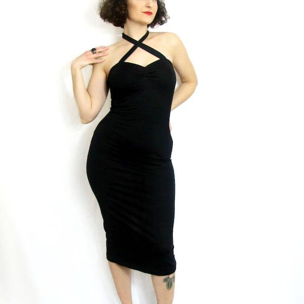 Black stretch jersey halter or cross strap wiggle dress made to measure rockabilly pin up