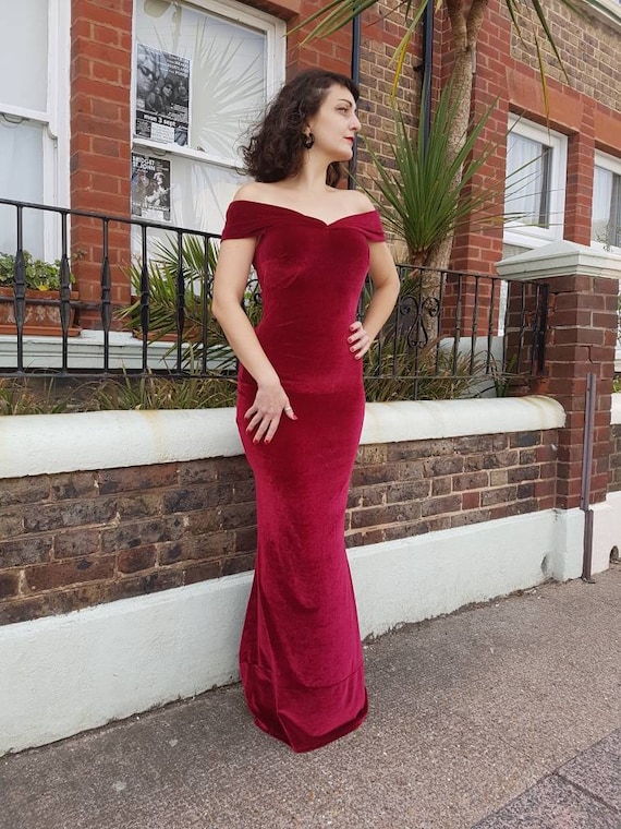 Dark Red Velvet off the Shoulder Evening Christmas Glamour Dress Can Be  Floor Length or Knee Length - Etsy