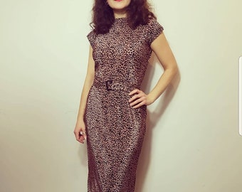 Leoparden Print Crinkle Kleid mit Gürtel Maßanfertigung Rockabilly 1950er Jahre Wilma Flintstone Pencil Dress (aktueller Stoff nicht verfügbar DM)