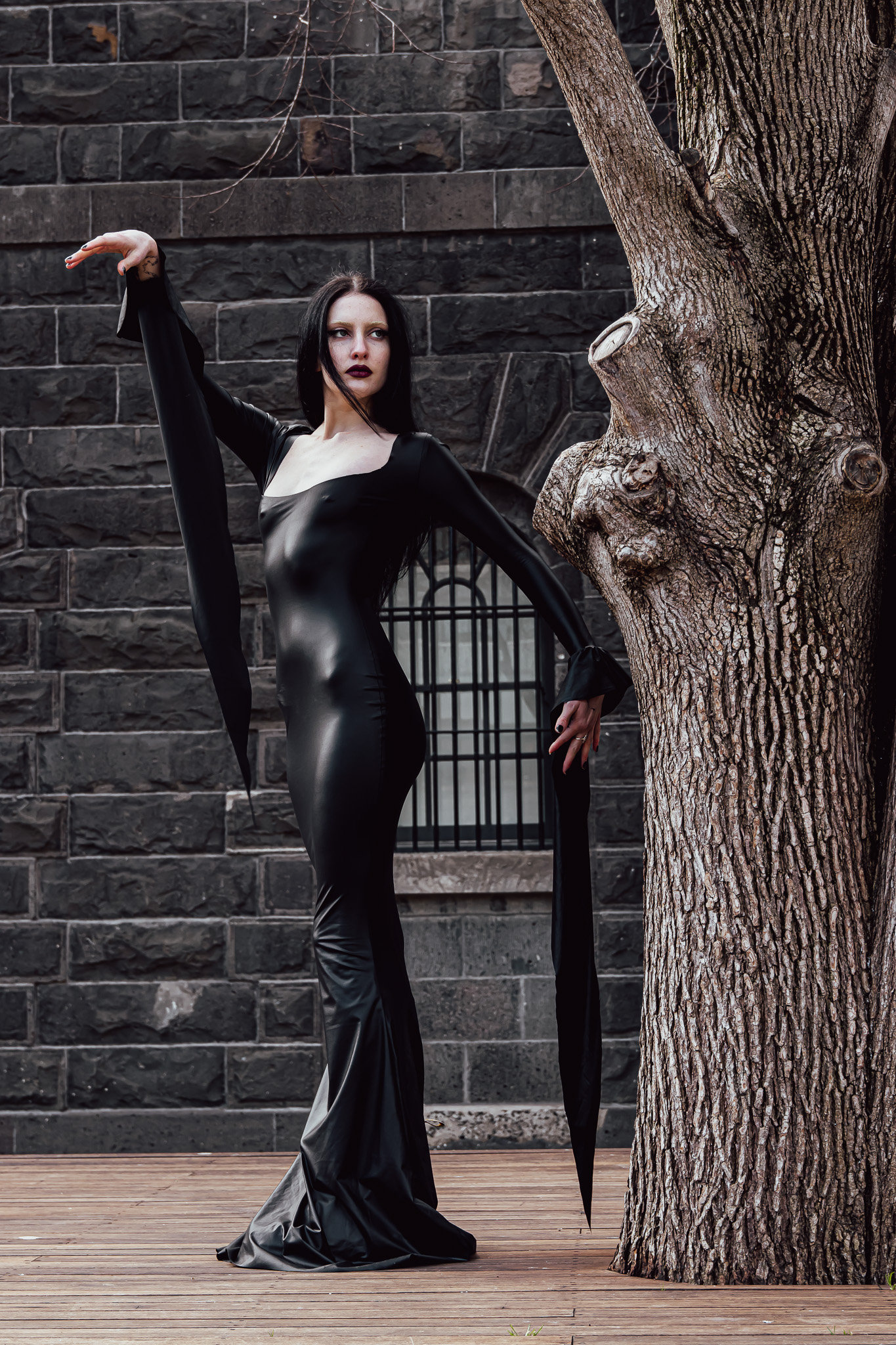 Leather look Morticia Addams dress with Wizard sleeves and scoop neck, various hem and neck lines available made to measure