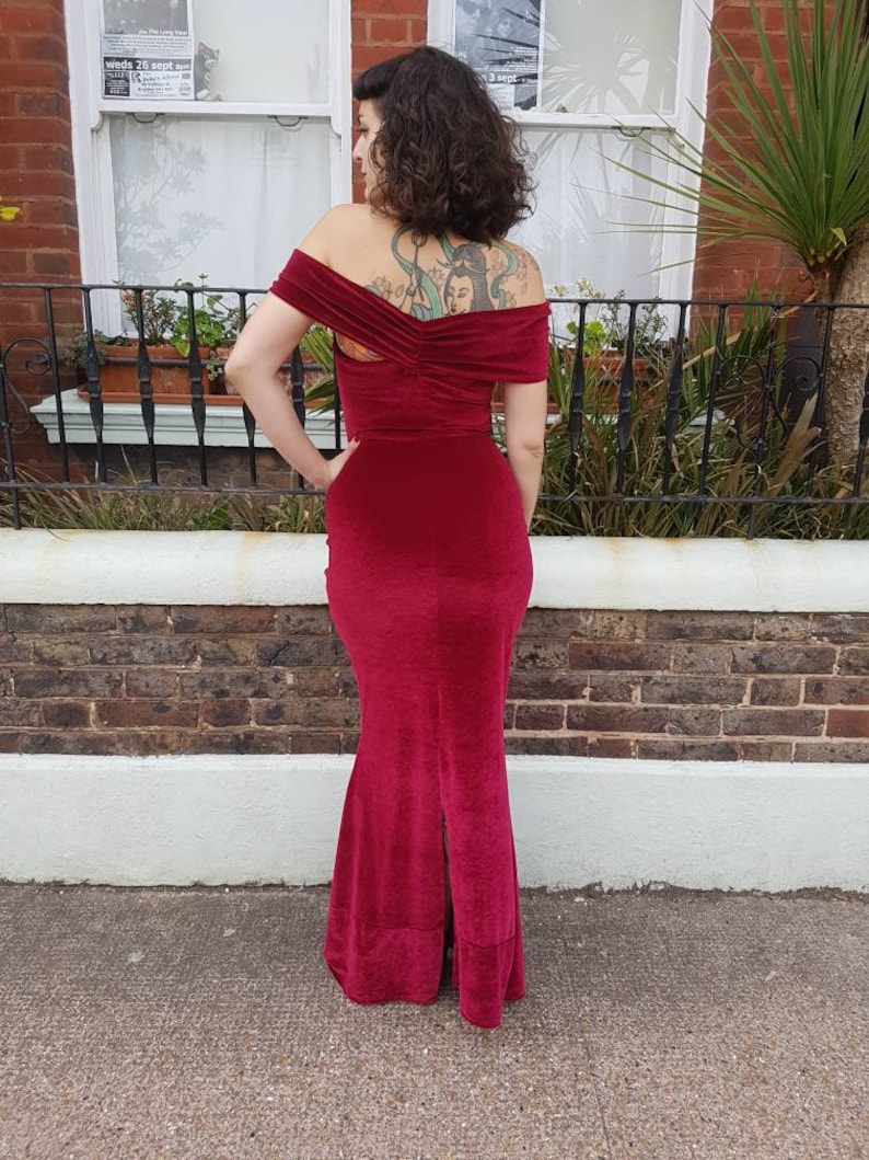 dark red off the shoulder dress
