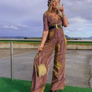 Sparkle shimmer Glitter Two Tone Jumpsuit Prurple and Gold Made to Measure 1970s Disco Studio 54