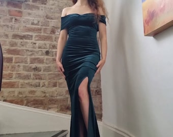 Vestido de noche verde esmeralda con lazo negro, glamour de Hollywood, hombros descubiertos y abertura en la pierna, hecho a medida, alfombra roja, estilo vintage, Navidad