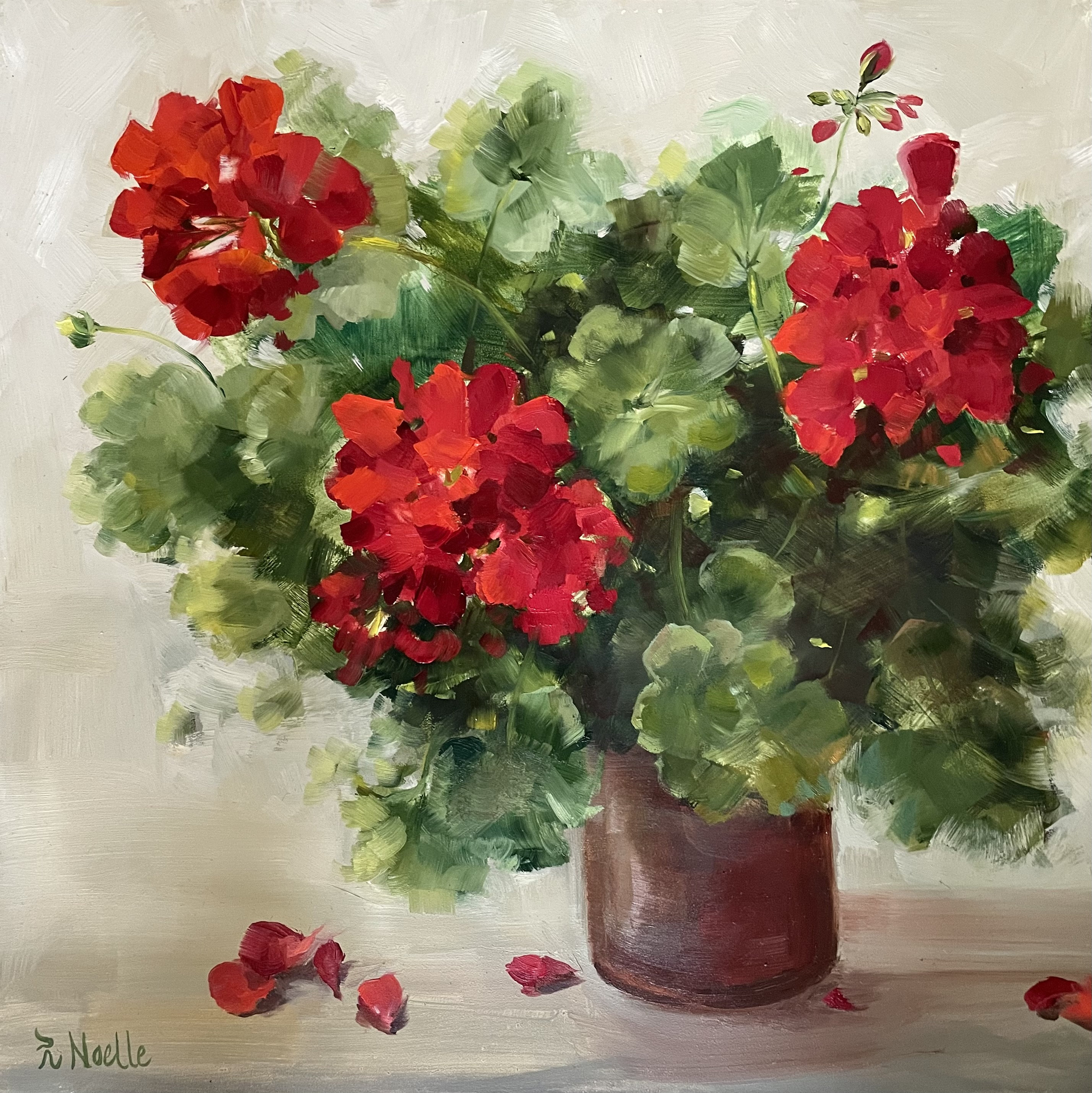 Red Geraniums Still Life Original Oil Painting