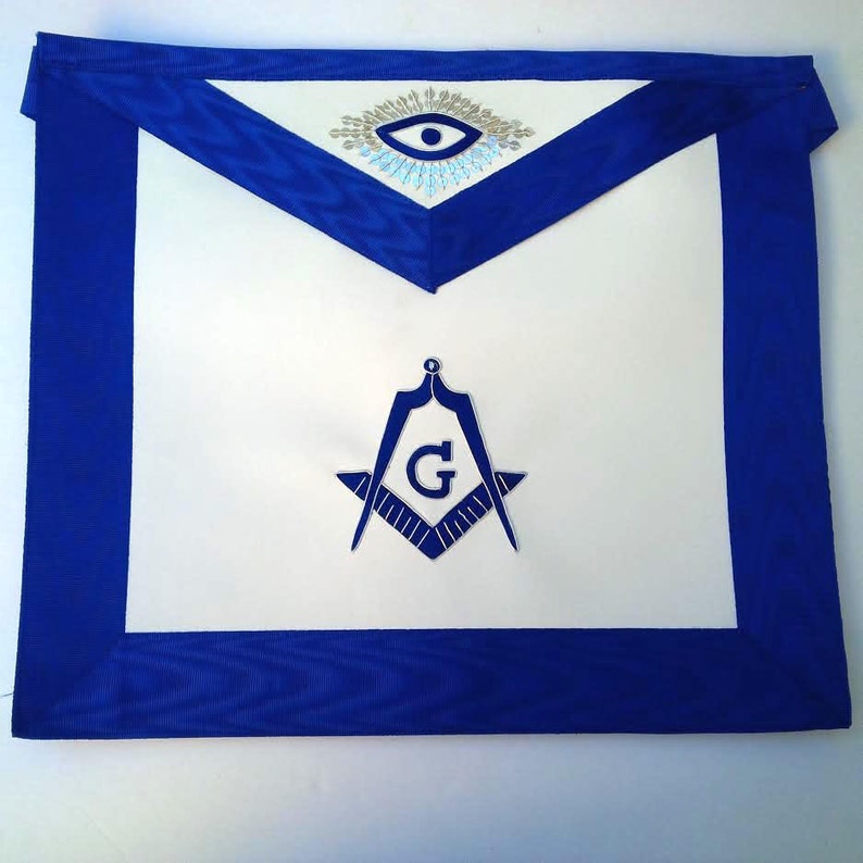 Masonic Master Mason Blue Lodge Apron Blue Grosgrain Ribbon Border size 16 inches wide by 14 inches High Made with Belt