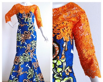 Women's African Print Long Maxi Mermaid Ethnic Dress Crochet Bridal Prom Orange