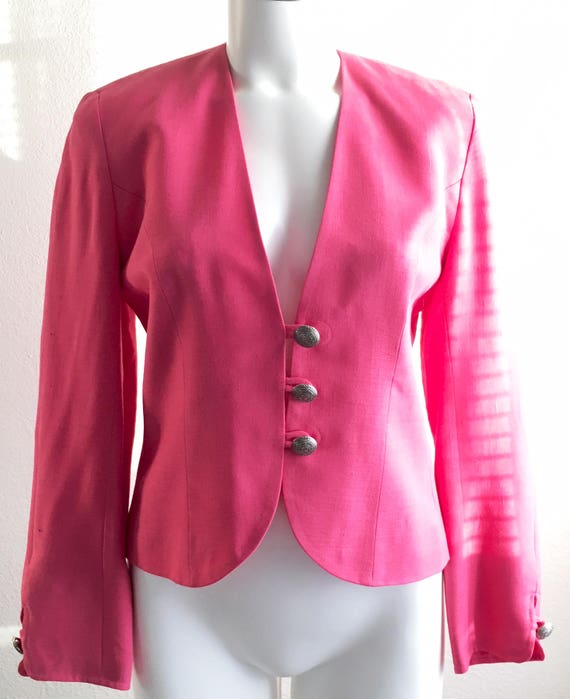 Vintage 1980s Women's Jaeger Pink Button Up Blazer