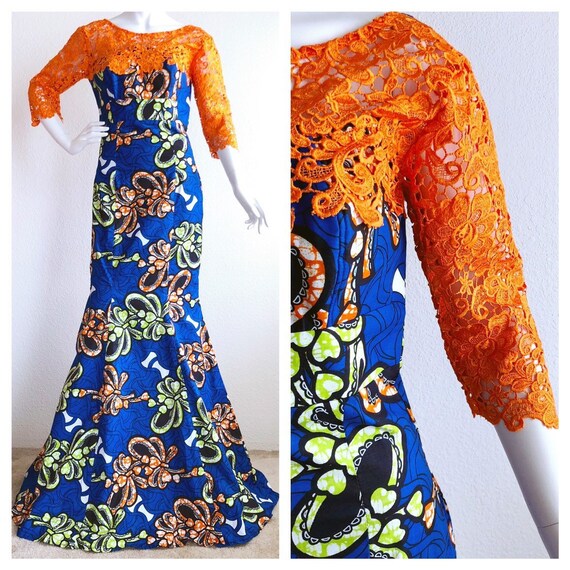 Women's African Print Long Maxi Mermaid Ethnic Dress Crochet Bridal Prom Orange