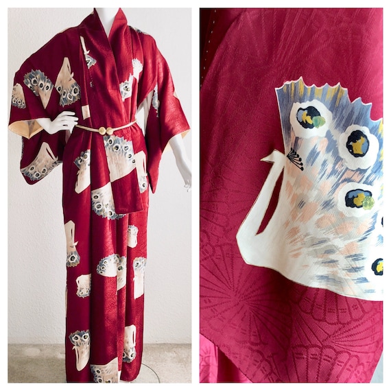 vintage kimono / 1960s Japanese kimono / floral kimono / Japanese robe / maroon kimono / crane