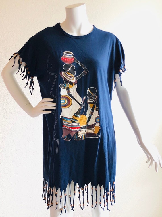 Airborne Ethnic Blue Beaded fringe shirt dress size Large African Print