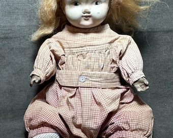 Antique Bisque Black Americana Doll: 1930s Japan, Red Crochet