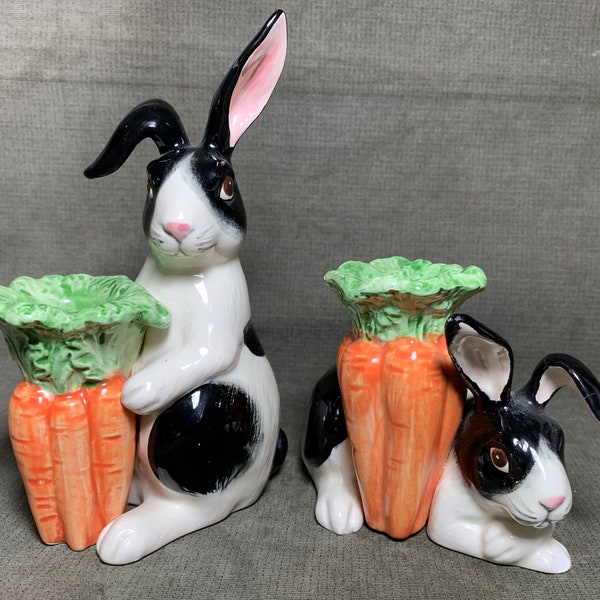 1987 Fitz and Floyd Black & White Bunny Candle Holders Pair Made In Japan As Is