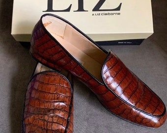 Ladies Liz Claiborne Brown Faux Alligator Loafers Skin Slip On 7M Caroline Italy