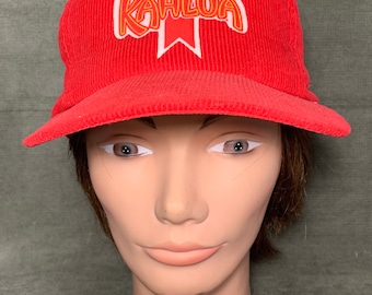 Vintage Kahlúa Corduroy Leather Strapback Trucker Hat Cap Red OSFM