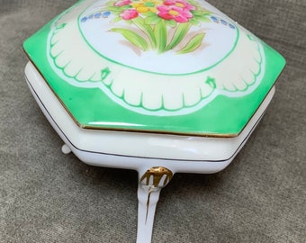 Vintage Morimura Vanity Dresser Dish with Lid Green Floral Hand Painted Japan