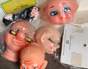 Vintage Lot of 7 Doll Heads Hands Crafts Fiber Crafts Yarn Hair Grandpa Grandma