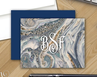 Ocean Marble Monogrammed Notecards - Personalized Blue, Gray and Tan Note Card Stationery - Folded Note Paper - Create Your Own Stationary