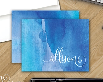 Watercolor Wash Personalized Note Cards - Red or Blue - Monogram Notecard Stationery - Folded Note - Create Your Own Bohemian Stationary