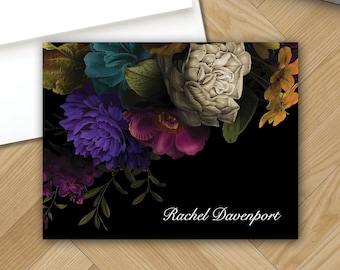 Baroque Personalized Folded Note Cards - Dark Floral Monogrammed Note Card Stationery - Custom Printed Thank You Notes