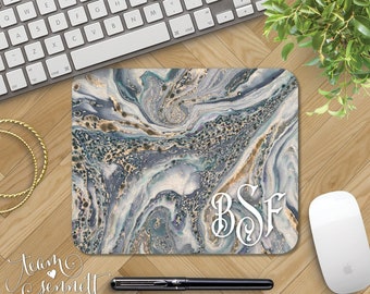 Ocean Marble Monogrammed Mousepad - Personalized Blue & Gray Swirl Mouse Pad - Custom Printed Home Office Decor - Gift for Coworker