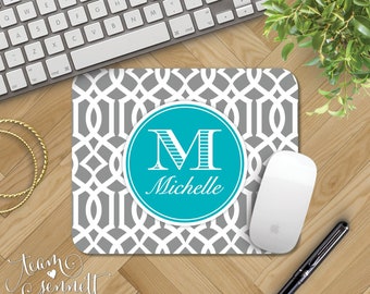 Lattice Monogrammed Mousepad - Geometric Pattern Personalized Mouse Pad with Initials - Trendy Custom Home Office Decor - Preppy Gift