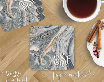 Ocean Marble Paper Coasters - Personalized Blue & Gray Disposable Drink Coasters - Monogrammed Wedding, Party or Home Decor - Custom Gift