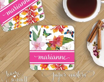 Tropical Flowers Paper Coasters - Personalized Disposable Drink Coasters - Monogrammed Beach Wedding or Home Decor - Custom Hostess Gift
