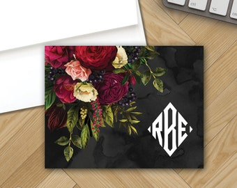 Renaissance Monogrammed Folded Note Cards - Red Rose Bouquet Foldover Notecard Stationery - Custom Printed Thank You Notes