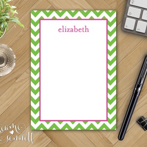May include: Green and white chevron patterned notepad with a pink border and the name "elizabeth" printed in pink at the top.