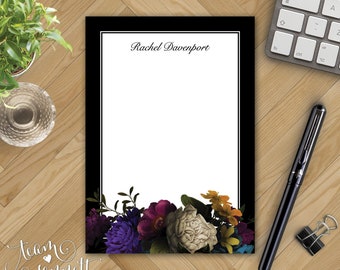 Baroque Personalized Notepad - Dark Floral Monogrammed Stationery - Custom Printed 5x7 Note Pad - Floral Memo Pad