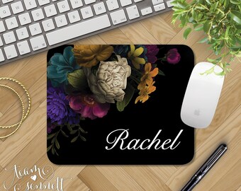Baroque Personalized Mousepad - Dark Floral Bouquet Monogrammed Mouse Pad - Custom Printed Home Office Decor